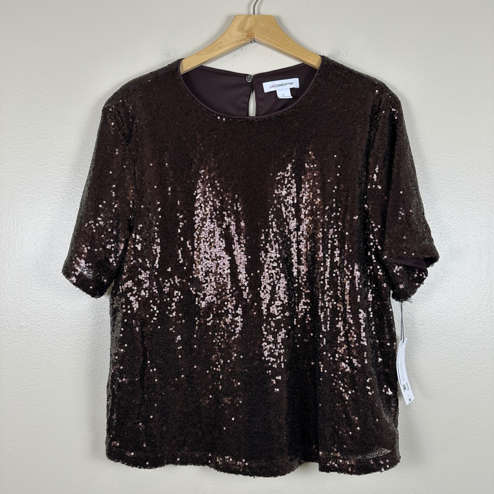 Liz Claiborne Women's L Blouse Chocolate Brown Sequin Short Sleeve Crew Neck Top